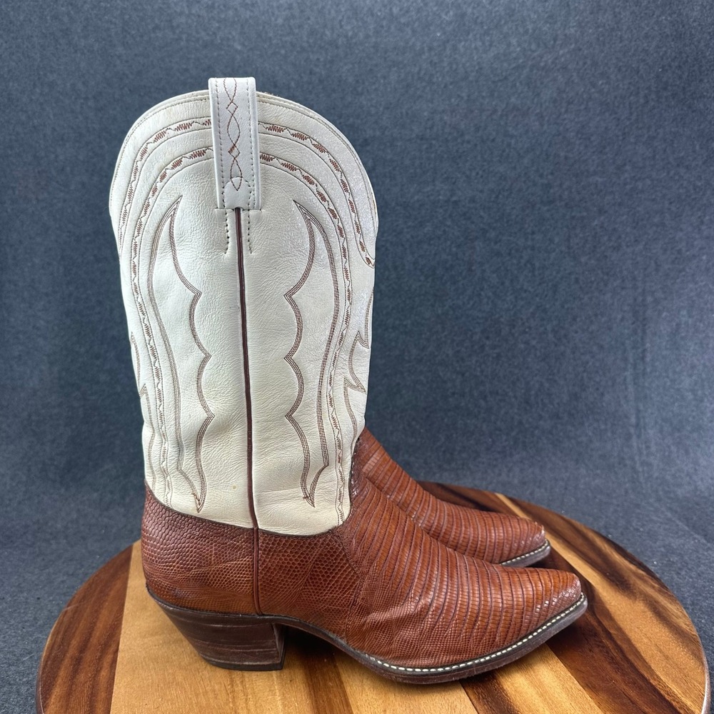 Vintage J. Chisholm Men's Brown White Teju Lizard Cowboy Boots US Size 10M 864